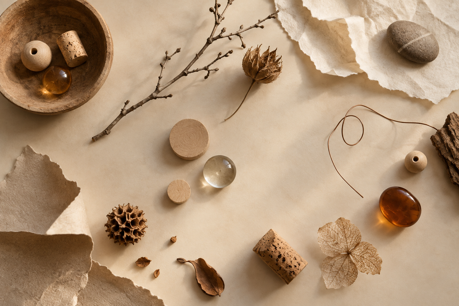 Wood, cork, wire, paper, glass, and natural loose parts arranged on a warm studio surface
